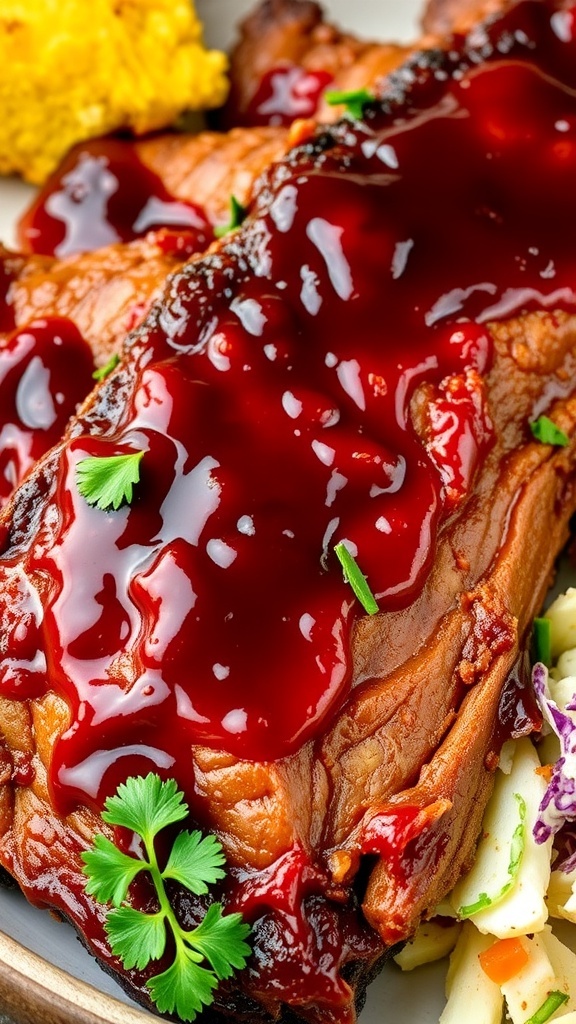 Oven-baked BBQ ribs glazed with sauce, served with coleslaw and cornbread.